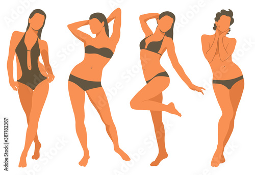 Vector woman icons isolated on white background. Illustration of girls in swimsuit. Set of colored bikini girl silhouette.