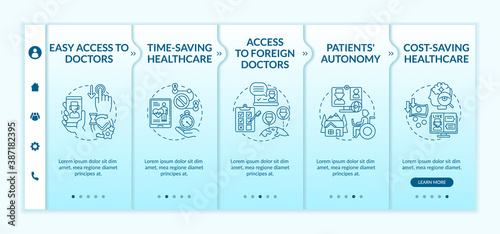 Telemedicine benefits onboarding vector template. Easy doctor visiting. Cost saving healthcare. Responsive mobile website with icons. Webpage walkthrough step screens. RGB color concept
