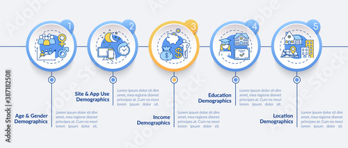 Audience insight vector infographic template. Age, gender, income demographics presentation design elements. Data visualization with 5 steps. Process timeline chart. Workflow layout with linear icons