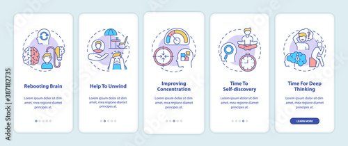 Me time benefits onboarding mobile app page screen with concepts. Rebooting brain. Help to unwind walkthrough 5 steps graphic instructions. UI vector template with RGB color illustrations