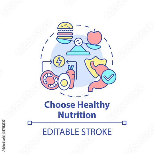 Choose healthy nutrition concept icon. Self care checklist. Tasty organic foods variety. Eating plan idea thin line illustration. Vector isolated outline RGB color drawing. Editable stroke