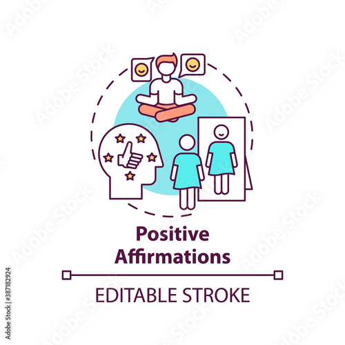 Positive affirmations concept icon. Body positivity tips. Healthy lifestyle advices. Way to healthy thinking idea thin line illustration. Vector isolated outline RGB color drawing. Editable stroke