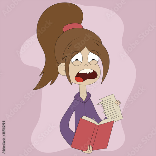 vector illustration of a girl in a lilac sweater with a pink notepad in her hands shouts with bulging eyes from behind a torn page