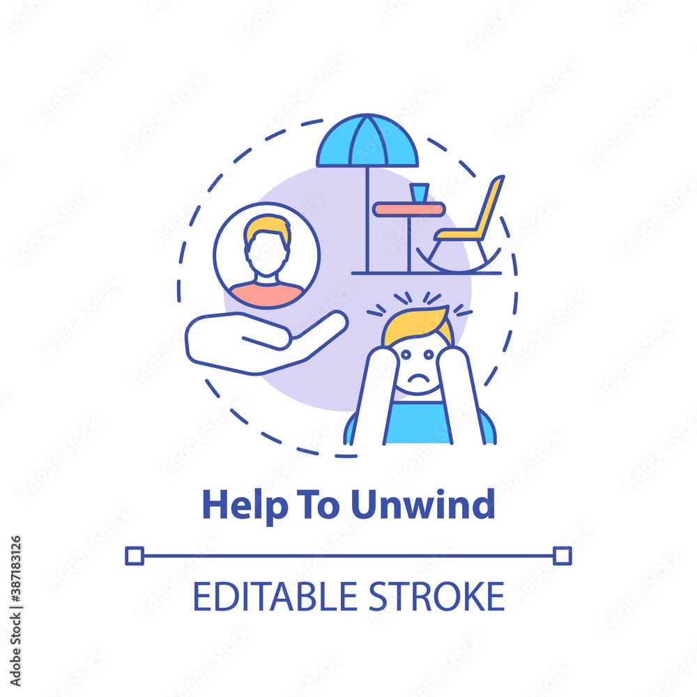 Help to unwind concept icon. Me time benefits. Refresh everyday advices. Relax your mind and body idea thin line illustration. Vector isolated outline RGB color drawing. Editable stroke Help to unwind concept icon. Me time benefits. Refresh everyday advices. Relax your mind and body idea thin line illustration. Vector isolated outline RGB color drawing. Editable stroke
