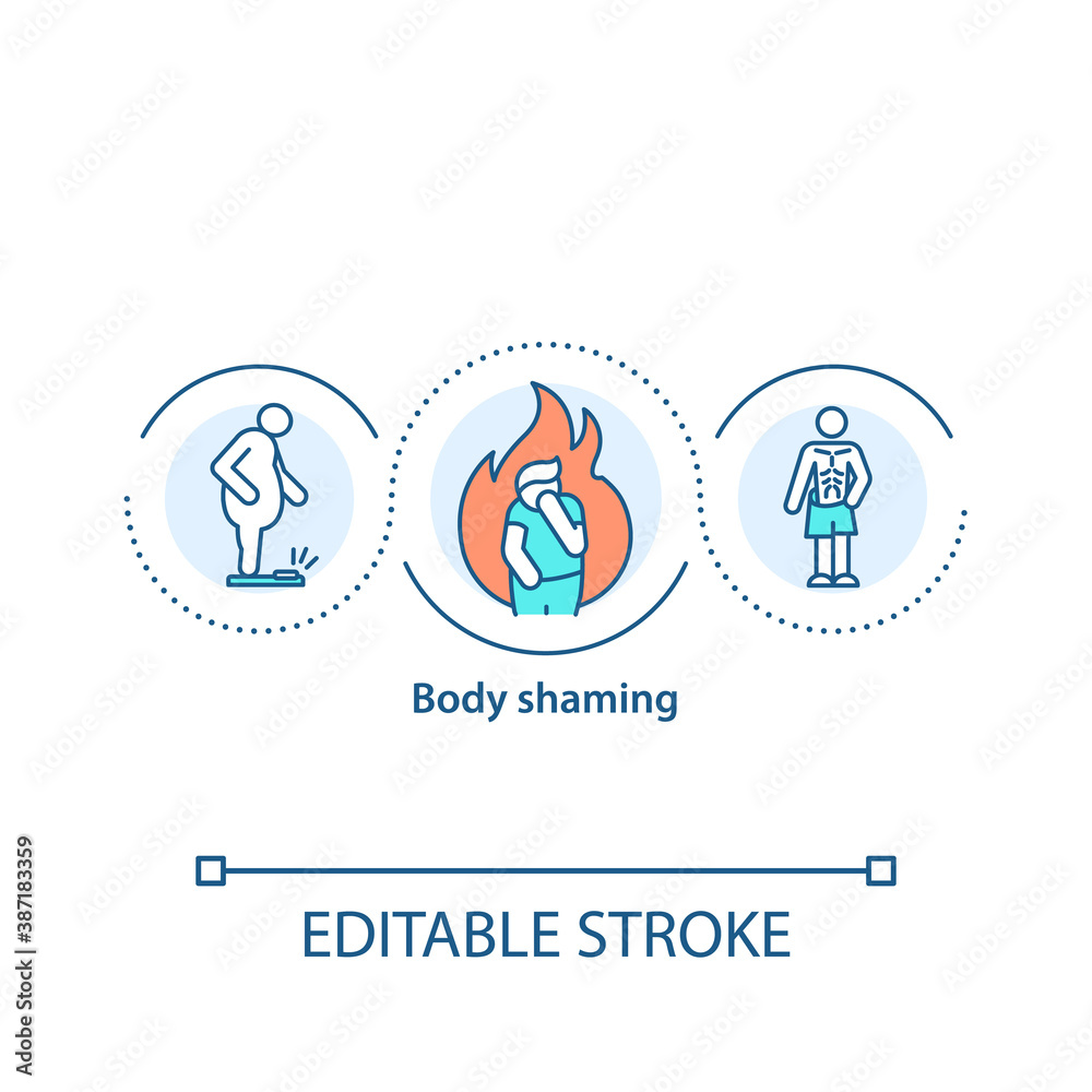Body shaming concept icon. Deriding individual body size and shape. Discrimination. Mocking physical appearance idea thin line illustration. Vector isolated outline RGB color drawing. Body shaming concept icon. Deriding individual body size and shape. Discrimination. Mocking physical appearance idea thin line illustration. Vector isolated outline RGB color drawing.