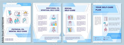 Physical vs mental self-care brochure template. Flyer, booklet, leaflet print, cover design with linear icons. Vector layouts for magazines, annual reports, advertising posters