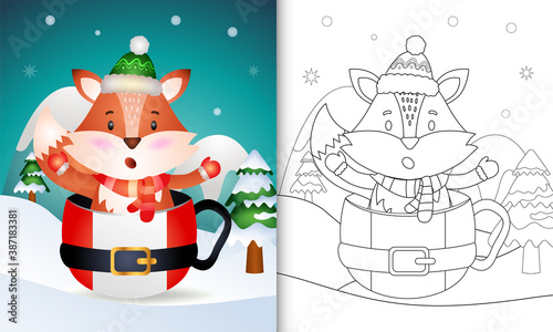 coloring book with a cute fox christmas characters with a hat and scarf in the santa cup