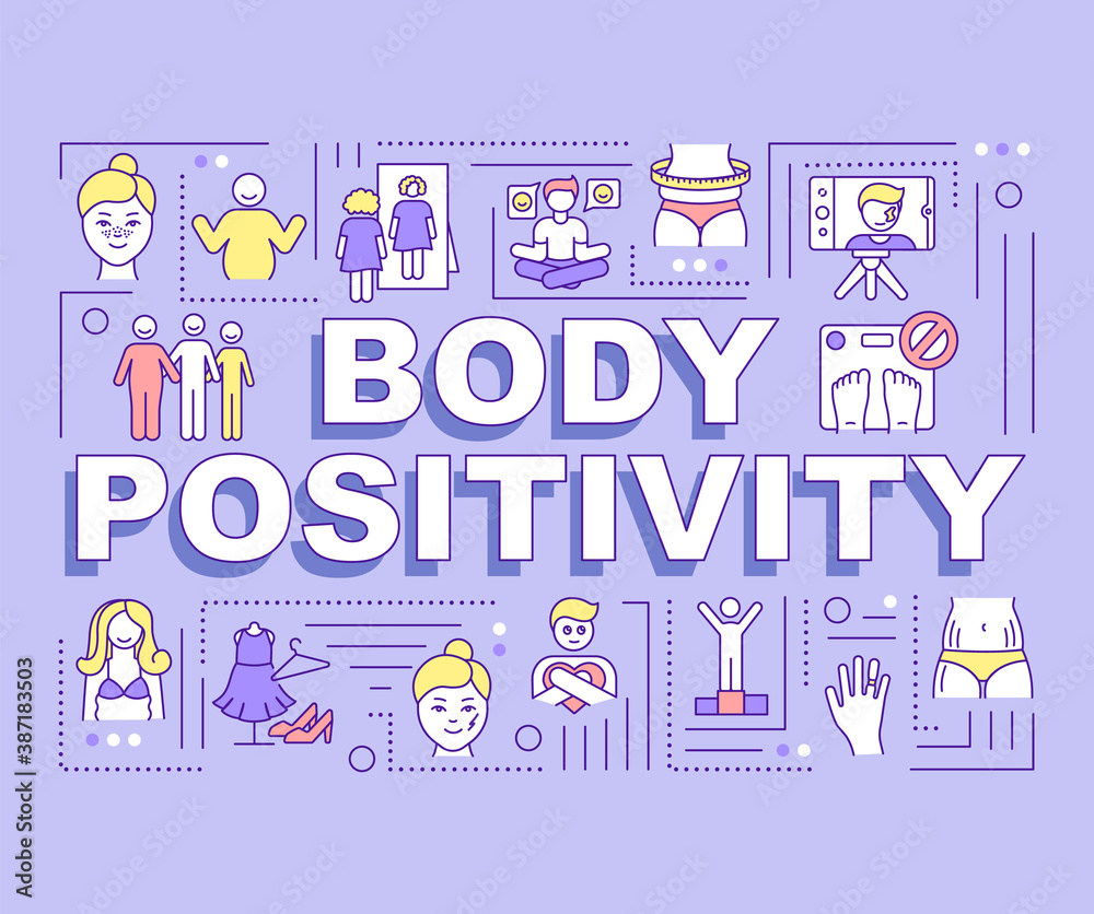 Body positivity word concepts banner. Self acceptance. Love your body. Infographics with linear icons on violet background. Isolated typography. Vector outline RGB color illustration Body positivity word concepts banner. Self acceptance. Love your body. Infographics with linear icons on violet background. Isolated typography. Vector outline RGB color illustration