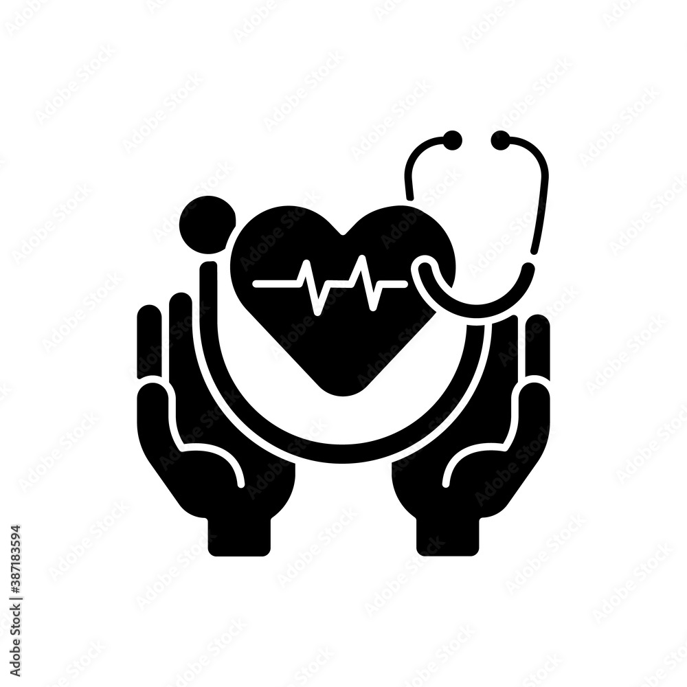 Health care black glyph icon. Medical social services. Healthcare system. Preventing and managing disease. Emergency medical aid. Silhouette symbol on white space. Vector isolated illustration