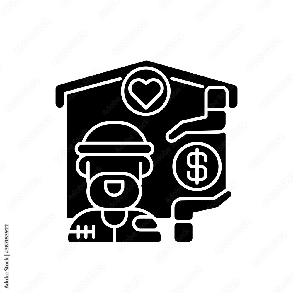 Shelter services black glyph icon. Safe accommodation. Homeless shelter. Emergency placement. Housing and inpatient treatment. Silhouette symbol on white space. Vector isolated illustration Shelter services black glyph icon. Safe accommodation. Homeless shelter. Emergency placement. Housing and inpatient treatment. Silhouette symbol on white space. Vector isolated illustration