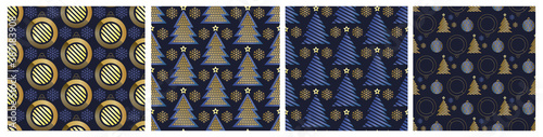 Christmas abstract geometry balls and Christmas trees. Gold geometric seamless pattern on dark blue background