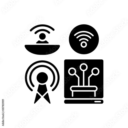Communications infrastructure black glyph icon. Broadcasting. Information technology. Telecommunication services. Internet. Silhouette symbol on white space. Vector isolated illustration