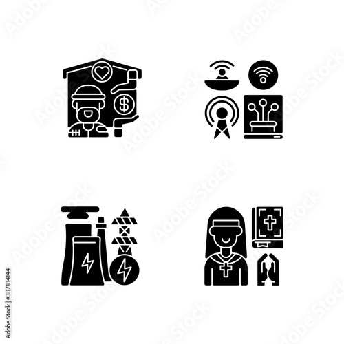 Fundamental services black glyph icons set on white space. Homeless shelter. Telecommunication services. Electricity industry. Clergy. Silhouette symbols. Vector isolated illustration