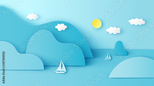Illustration of sea view with sailboat floating around an island in the sea. Sea view on clear sky. paper cut and craft style. vector, illustration.