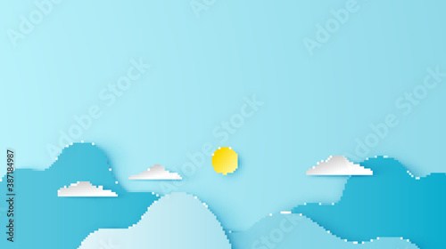Illustration of mountain scenery with cloud in aerial view. Mountain and cloudy scenery on paper art style. paper cut and craft style. vector, illustration.