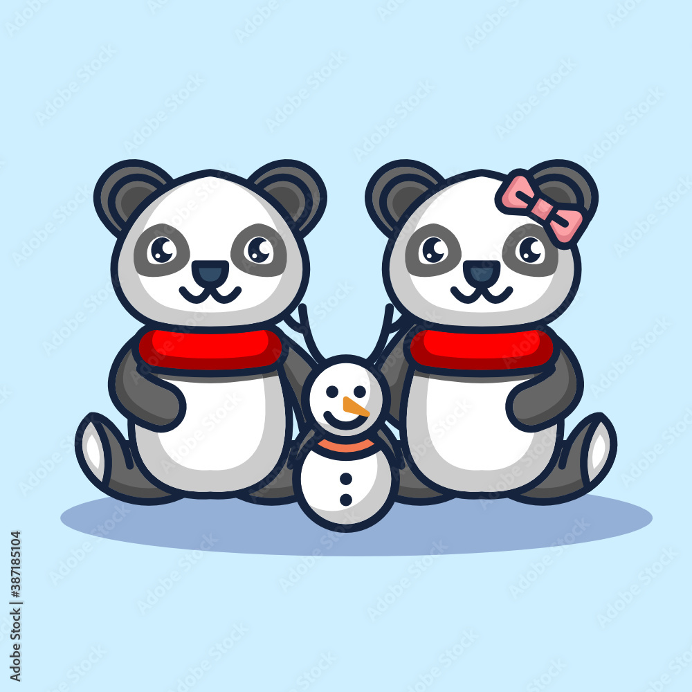 Cute couple panda with Christmas costume and decoration