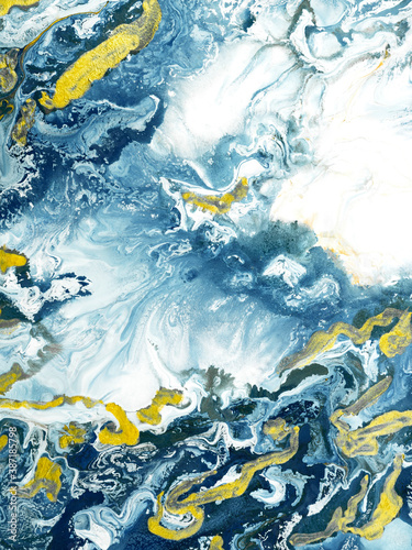 Blue with gold creative abstract hand painted background, marble texture