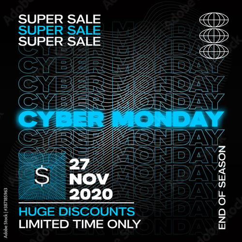 Neon Cyber Monday Typography Banner, Poster or Flayer Template. Creative Wave Grid Background Concept. Abstract Fluorescent Decorative Elements. Sale Promotion or Advertising Luminous Layout