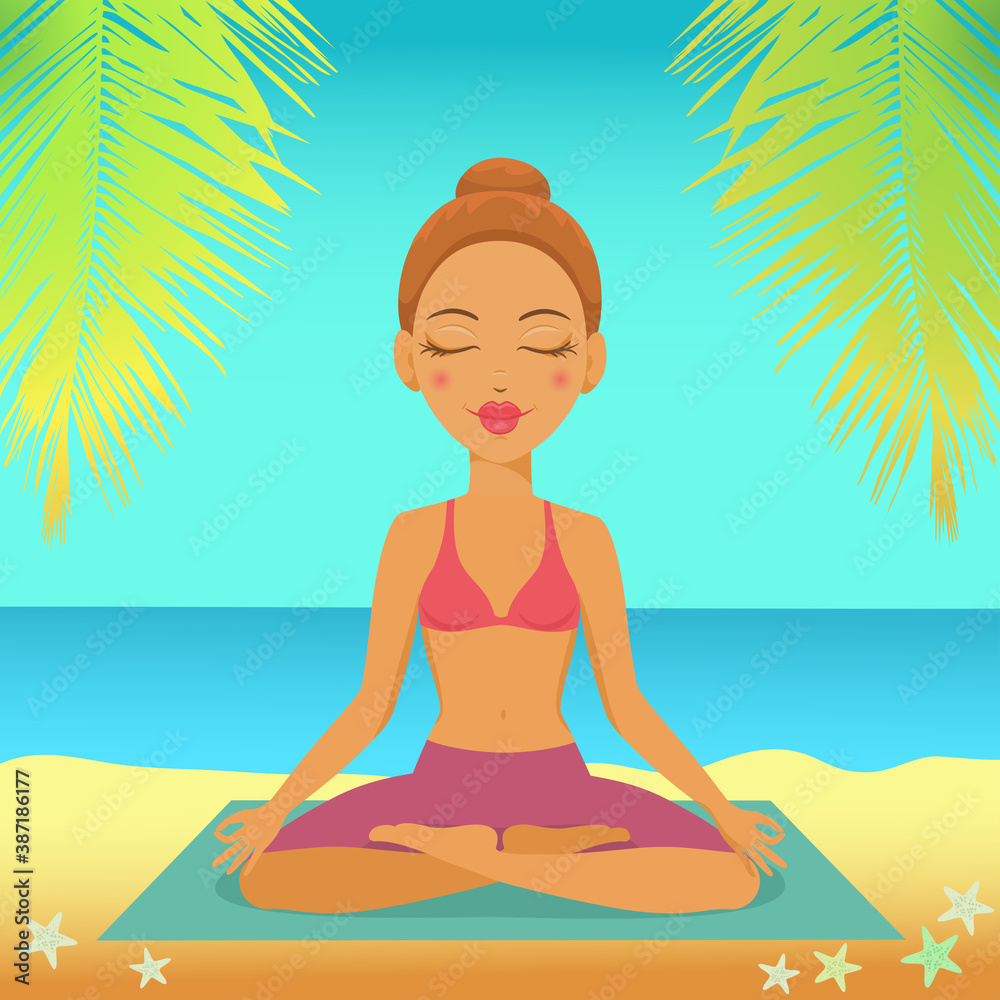 Vector illustration of yoga girl character sitting in meditation pose on a sea beach background. Cartoon yoga woman icon. Vector illustration of yoga girl character sitting in meditation pose on a sea beach background. Cartoon yoga woman icon.