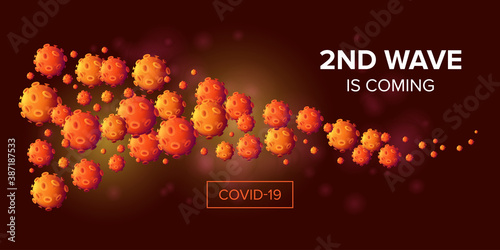 Second wave is coming - COVID-19 attack or infection spread horizontal banner design concept. 3d realistic vector illustration of a microscopic view of various viral cells