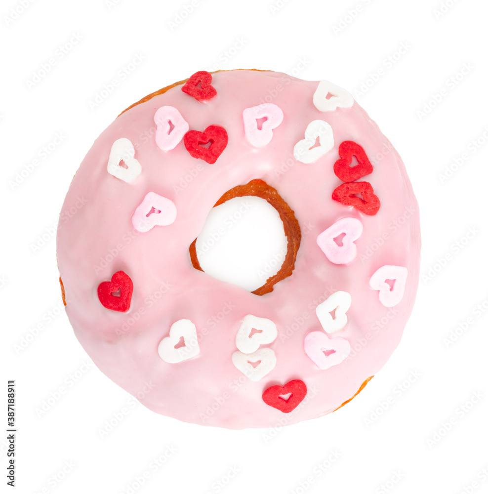 Donut with sprinkles in the form of hearts isolated on white background. Donut with sprinkles in the form of hearts isolated on white background.