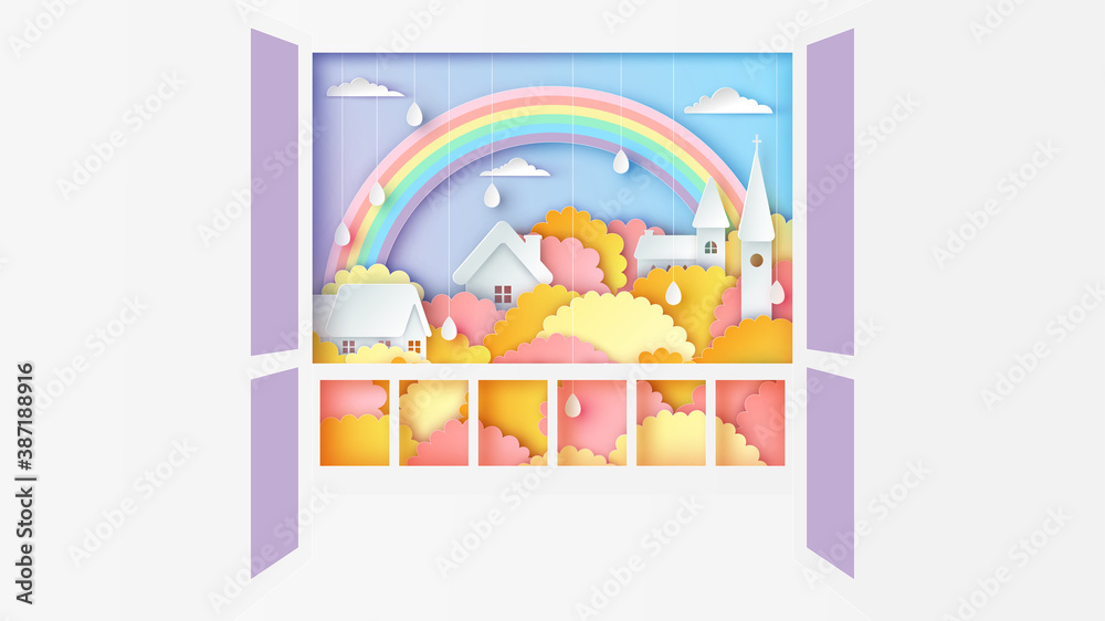 Looking out from door at balcony to landscape of castles with forest and a beautiful rainbow on the sky in rainy season. paper cut and craft style. vector, illustration. Looking out from door at balcony to landscape of castles with forest and a beautiful rainbow on the sky in rainy season. paper cut and craft style. vector, illustration.