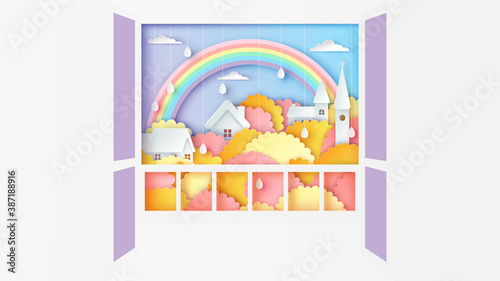 Looking out from door at balcony to landscape of castles with forest and a beautiful rainbow on the sky in rainy season. paper cut and craft style. vector, illustration.