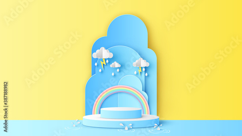 Circular stage podium for rainy season decorated with clouds, rain drops, lightning, rainbow and blank space. Rainy season backdrop. paper cut and craft style. vector, illustration.