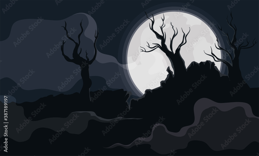 Cloudy Night over Forest with Dry Trees and Full Moon, Vector Illustration