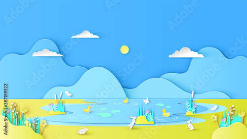 Natural scenery in summer with yellow ducks swimming in the river and rabbit on meadow. Swamp scenery. paper cut and craft style. vector, illustration.
