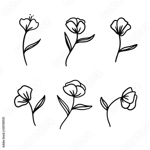 vector Doodle set with hand-drawn cartoon flowers. graphic decorative elements isolated on a white background. peonies, poppies, tulips, roses. icons, tattoo and symbols. coloring page