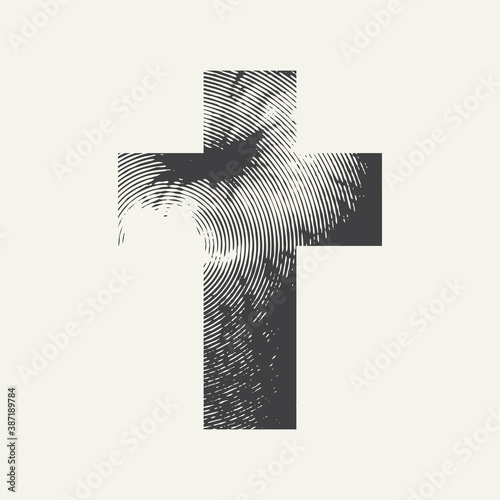 Abstract dark cross isolated on a light background. Monochrome textured Christian cross sign in grunge style. Creative vector banner or illustration on the religious theme