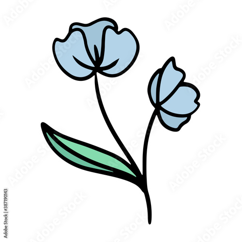 vector hand-drawn cartoon blue flower. stock single decorative Doodle element isolated on a white background. flower tattoo. icon  sketch