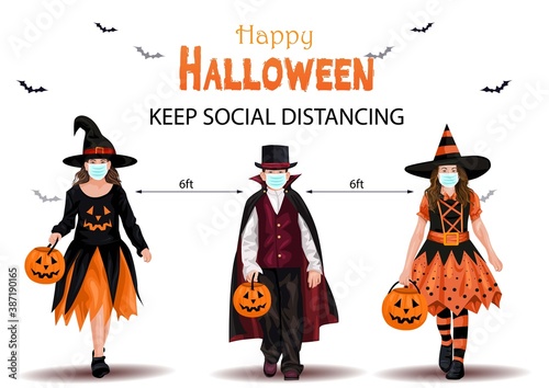 Kids walking on Halloween trick or treat. Halloween costumes with candy bags. keep social distancing. vector illustration. covid corona concept
