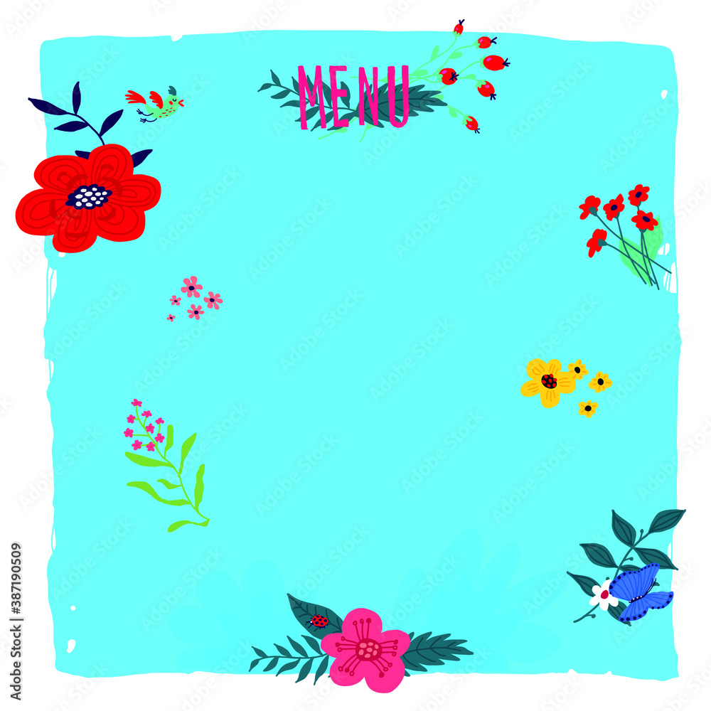 Blue floral background for text. Vector. Flora on a square. Design template for letters, menus and packaging. Blue floral background for text. Vector. Flora on a square. Design template for letters, menus and packaging.