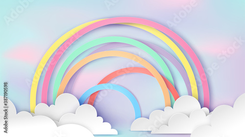 Illustration of design a rainbow on sky in paper craft style. Beautiful clouds and rainbow in rainy season. paper cut and craft design. vector, illustration.