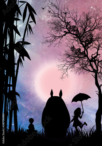 Fotografie, Tablou Friendly wood spirit Totoro and his friends silhouette art photo manipulation