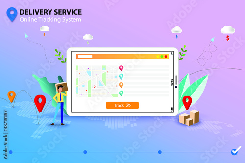 Concept of delivery service with online tracking system, businessman is preparing the shipment to deliver the goods to customer by use application on tablet that the display contain map and GPS.