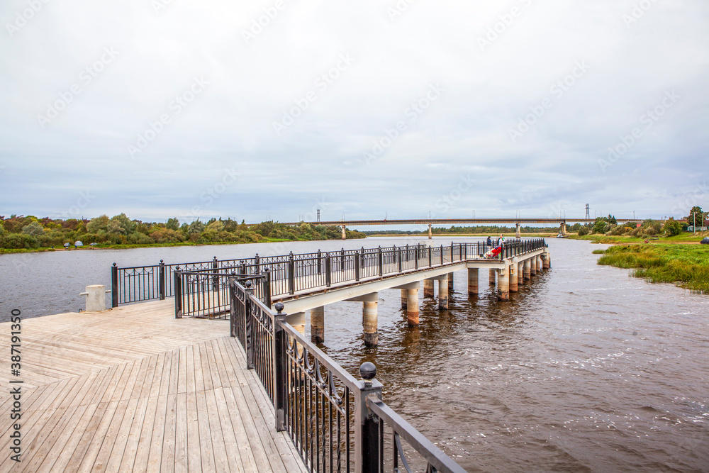 Obraz premium Berth for passenger ships in the Volkhov water area. The village of Gruzino. Novgorod region. Russia