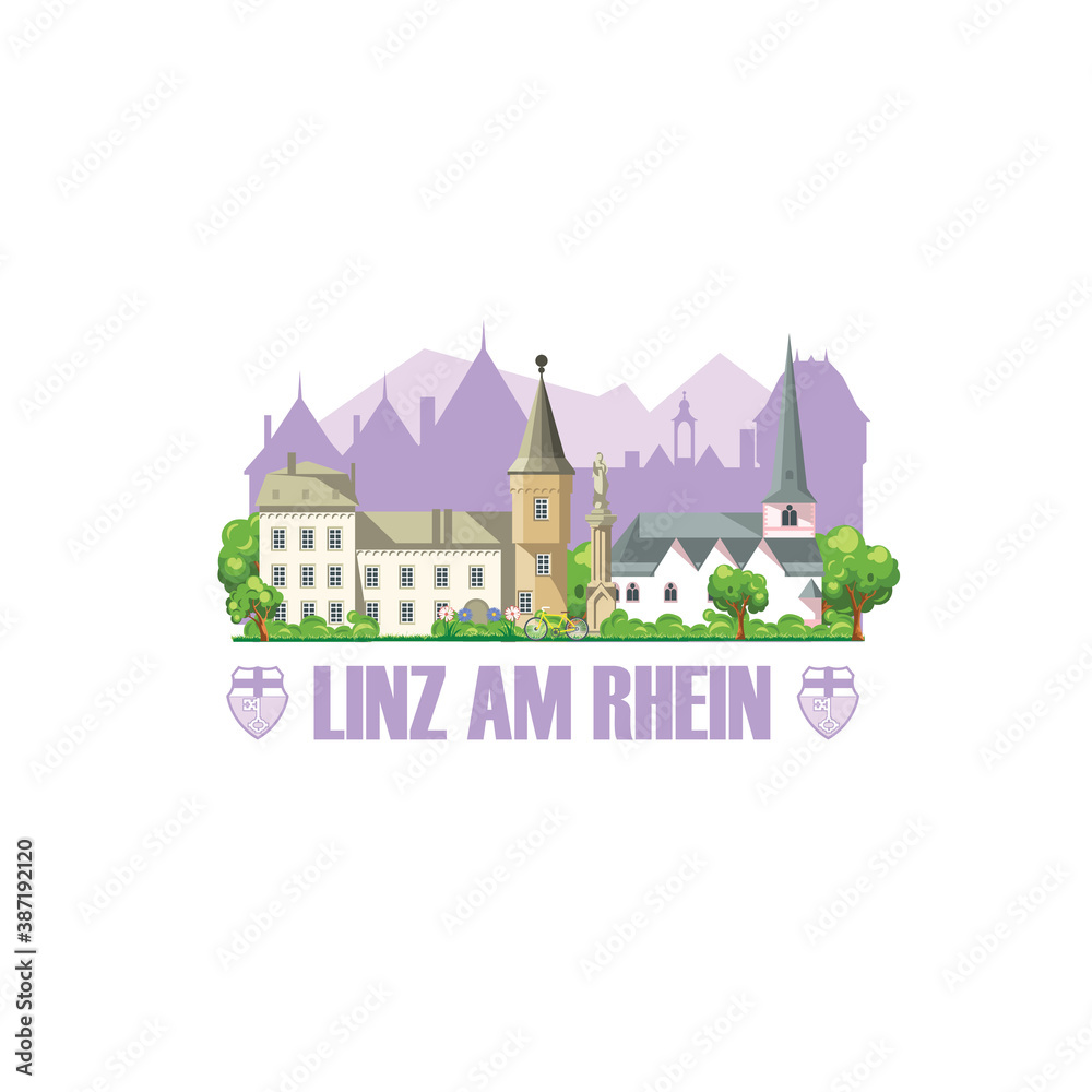 Linz am Rhein city skyline with monuments cityscape, architecture and city coat of arms.