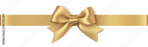 Decorative golden bow with horizontal ribbon isolated on white background. Vector illustration