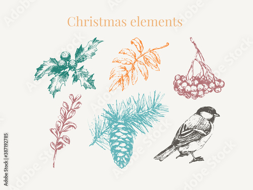Cartoon christmas elements for celebration decoration design. Vintage vector illustration. Vector graphic elements. Merry christmas card. Festive set isolated. New year