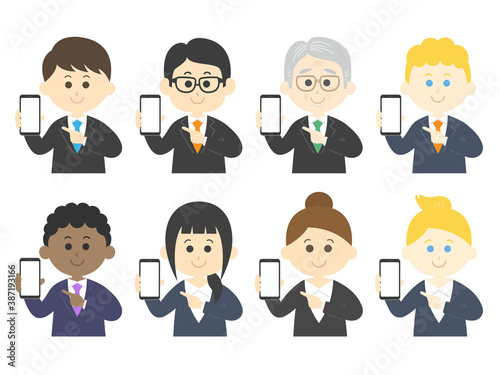 スマートフォンの画面を見せる人のイラストセット