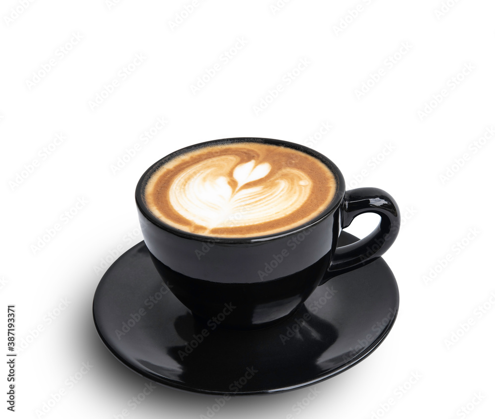Hot Coffee Latte with Latte art in Black glass isolated white background with clipping path. Hot Coffee Latte with Latte art in Black glass isolated white background with clipping path.