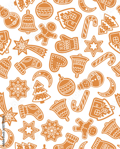 flat hand drawn seamless Design for Christmas and New year Pattern sweet gingerbread cookies. For wallpaper, textile, backdrop, wrapping paper. Pattern design. Holiday  style scandinvian background.