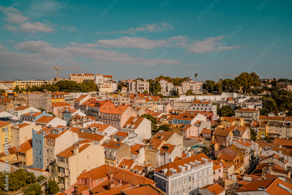 Amazing panoramic aerial sunset view of central Lisbon, Portugal rooftops