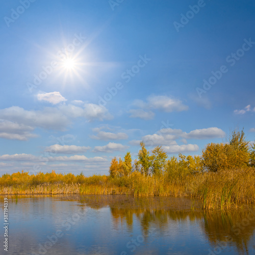 small lake with forest on a coast at the sunny autumn day