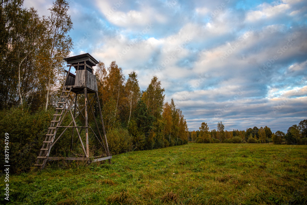 wooden hunting tower in meadow near autumn forest