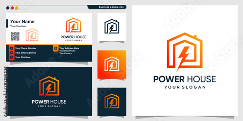 House logo with modern gradient electric power concept and business card design Premium Vector