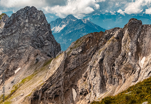 Beautiful alpine view with fascinating twisted rock formations at the famous Karwendel summit near Mittenwald, Bavaria, Germany